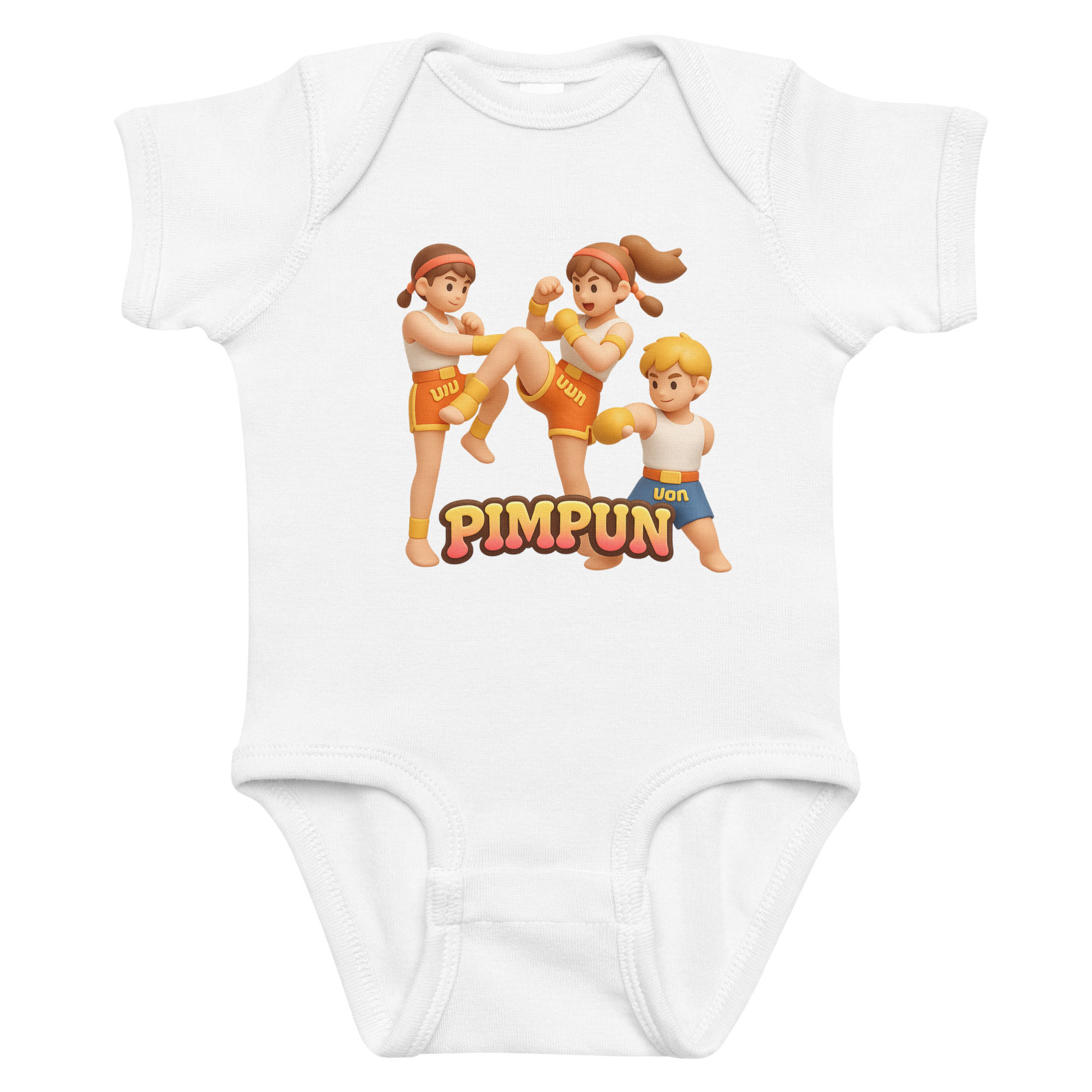 Baby Muay Thai Kurzarm-Strampler – 3 Mini Kämpfer | PIMPUN Baby Body