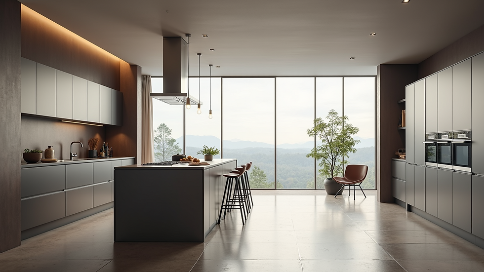 Eye-level view of a modern kitchen with sleek cabinets and a large island