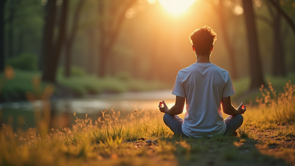 Eye-level view of a person meditating in a serene environment