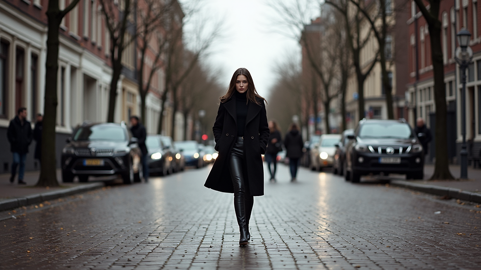 Eye-level view of a model walking on a cobblestone street in Amsterdam during a photoshoot