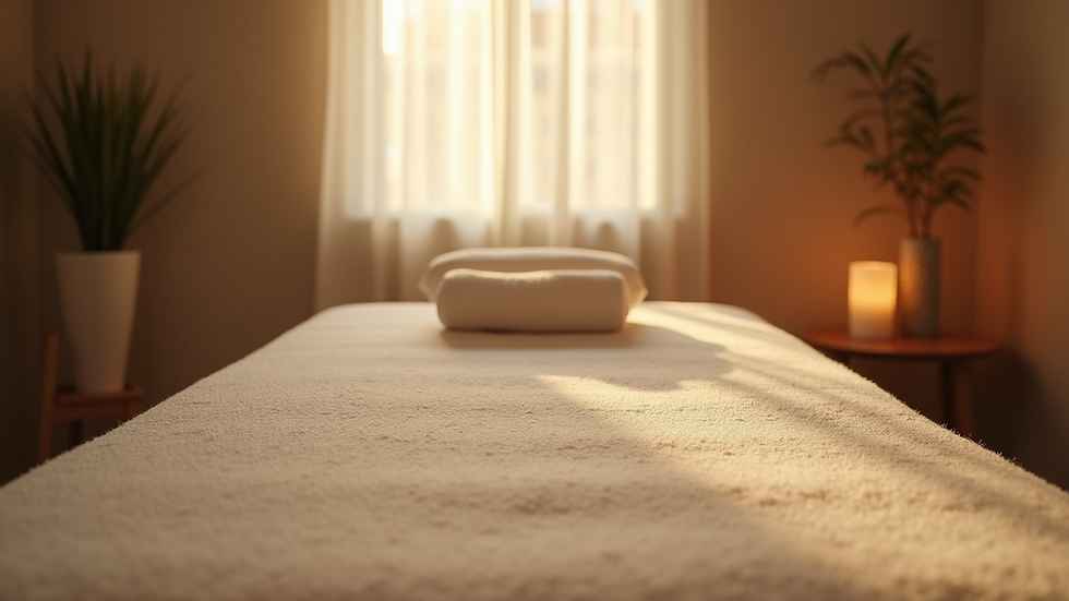 Eye-level view of a massage table with soft lighting
