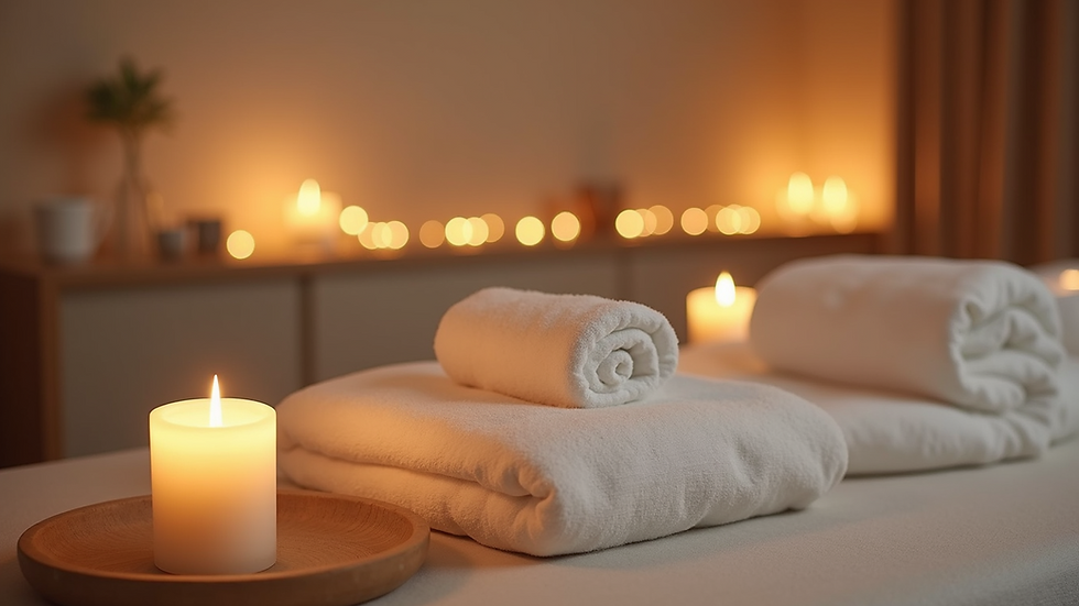 High angle view of a peaceful massage room with soft linens and candles
