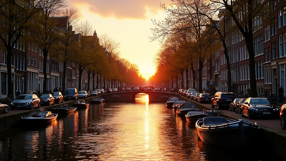 Wide angle view of Amsterdam canal at sunset