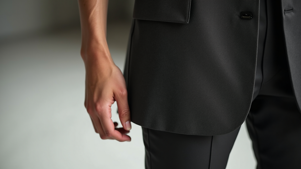 Close-up view of a model’s outfit details during a fashion shoot