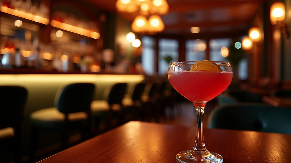 Close-up view of a stylish cocktail bar in Amsterdam with ambient lighting