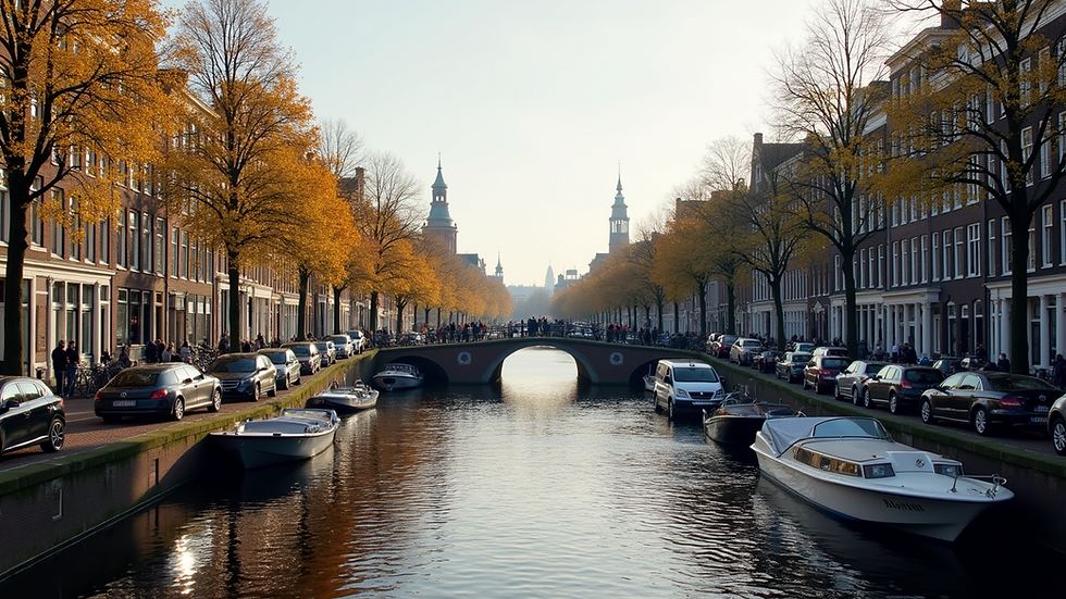 Eye-level view of a cozy Amsterdam canal with a charming bridge
