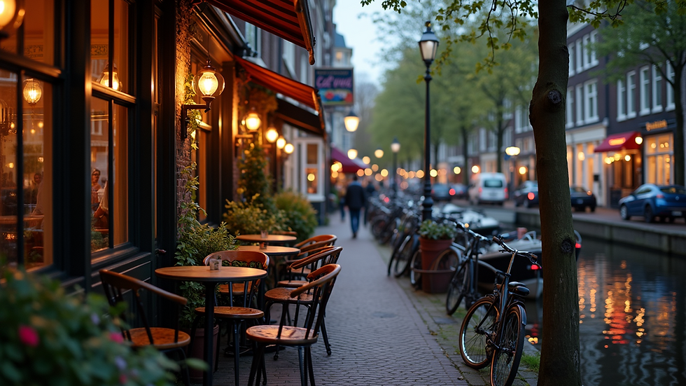 Eye-level view of a cozy Amsterdam canal-side café at dusk