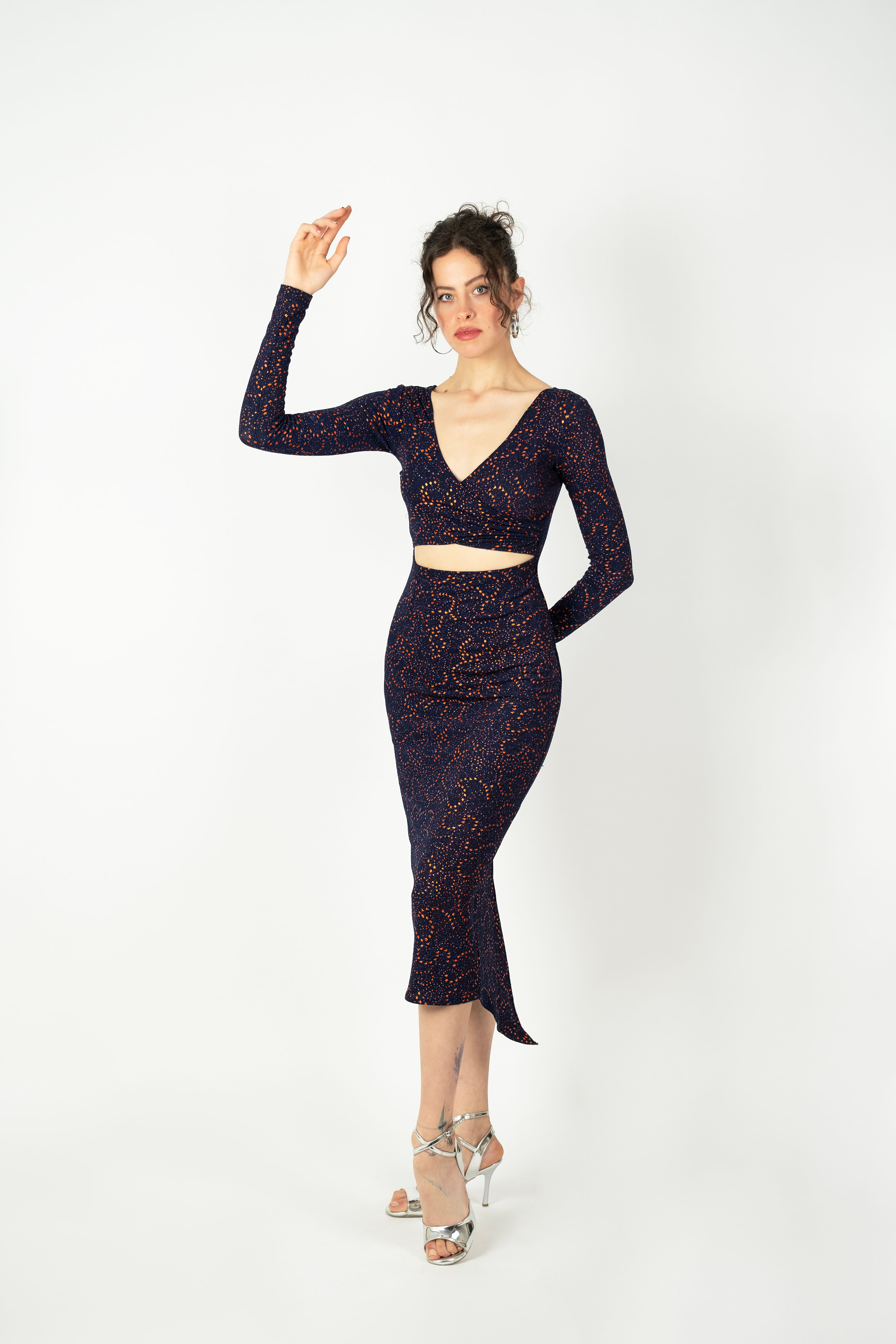 Hestia Double Breasted Tango Dress - Dark Blue On Orange Glitter