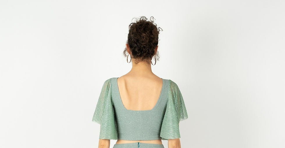 Thumbnail: Gaia - V Shape - Tulle Sleeve Minty Shiny Tango Top