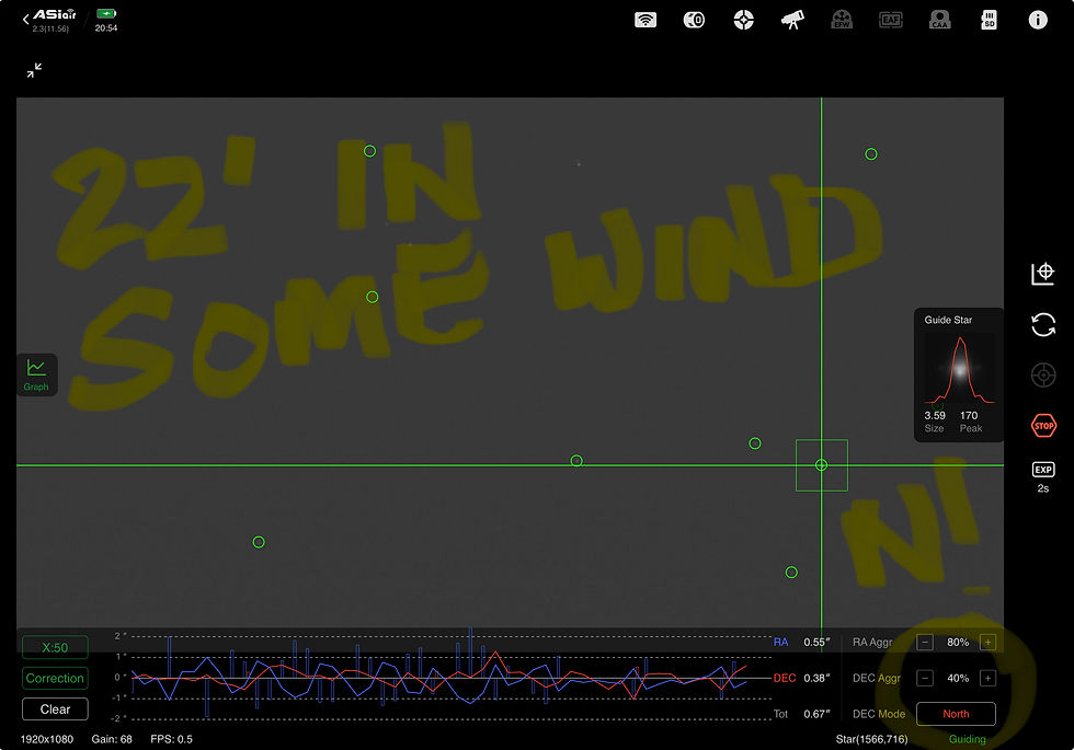 Guiding results after 22 minutes at 80% RA and 40% Dec Aggressiveness, 2 s exposures