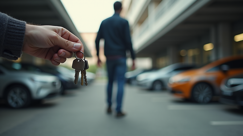 Close-up view of a man’s hand holding keys tightly while walking through a parking lot