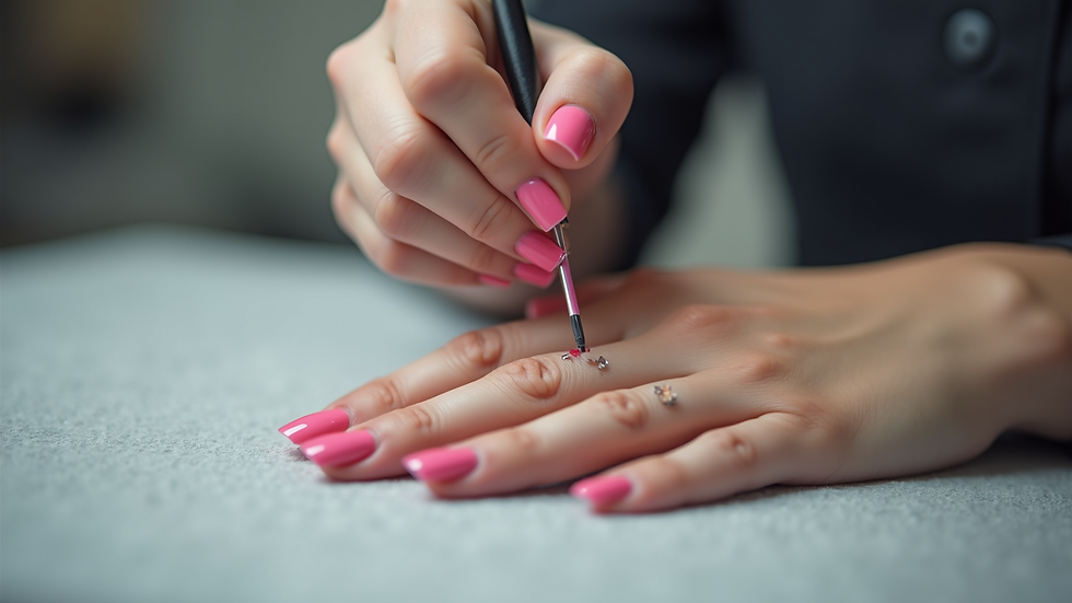 Close-up view of nail technician applying gel polish on fingernails