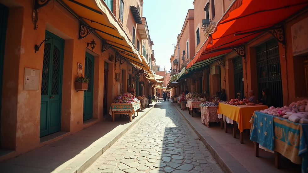 Eye-level view of a narrow street in Marrakech with colorful market stalls