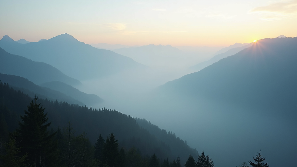 Wide angle view of a misty mountain landscape at dawn