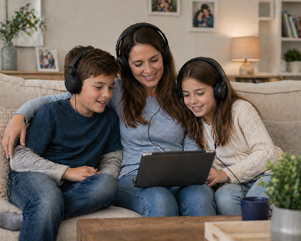 A woman and two children wearing headphones watch a tablet together on a cozy couch. Warm lighting and family photos in the background.