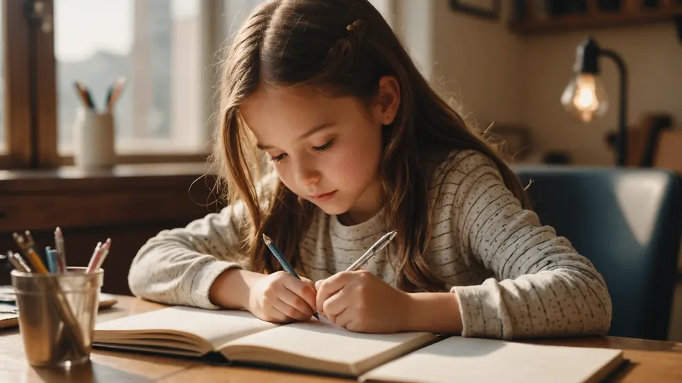 Eye-level view of a young girl writing in a journal