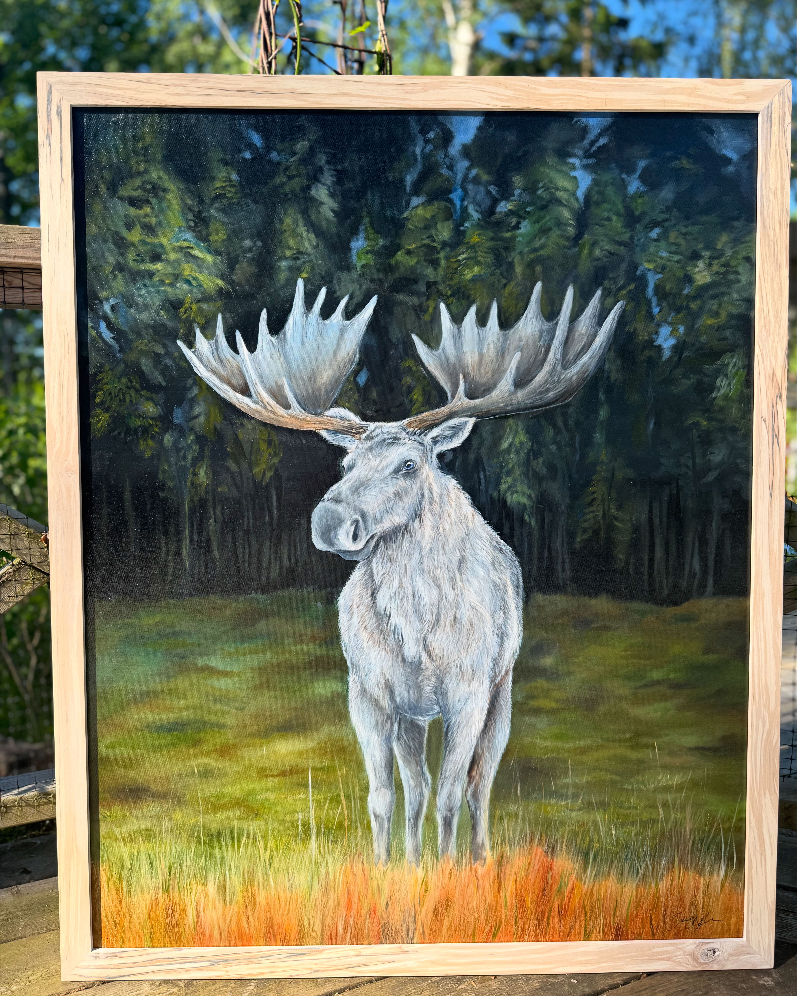  Original- "Mötet med den vita älgtjuren" oljemålning 