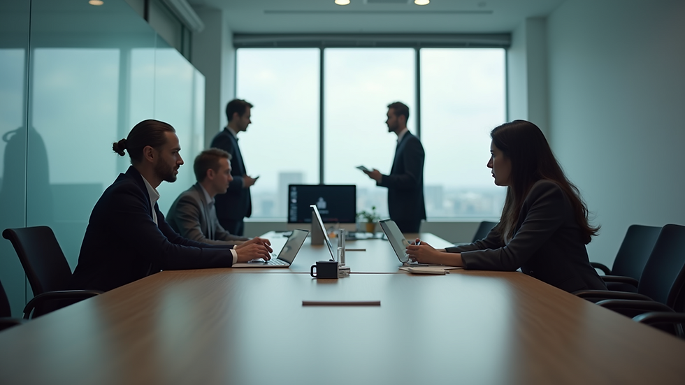 Eye-level view of a modern office with a focus on exit plan discussions