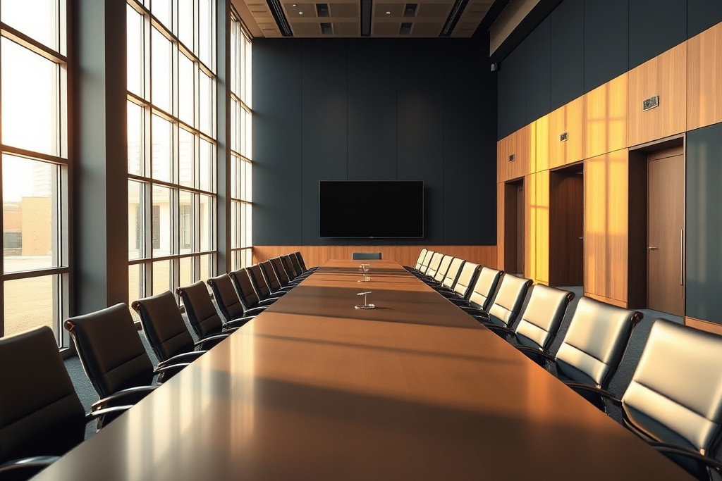 Conference table set for a business sale negotiation between buyer and seller