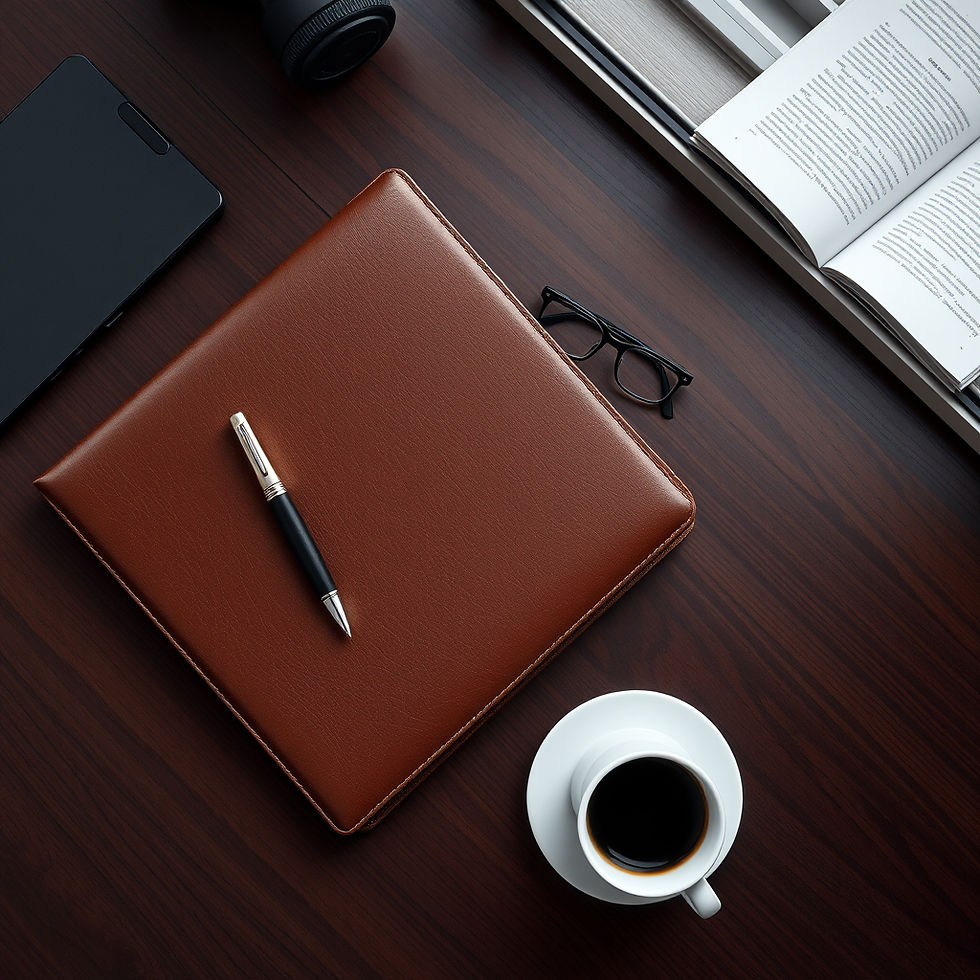 Leather portfolio, pen and reading glasses on a desk — preparing a business valuation