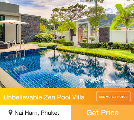 This image is a watermarked photo of one of Property in Phuket's best pool villas in the Nai Harn region of Phuket, Thailand. It contains a garden and a pool deck area with pool chairs as well as a nice view of the mountains and surrounding natural scenery.