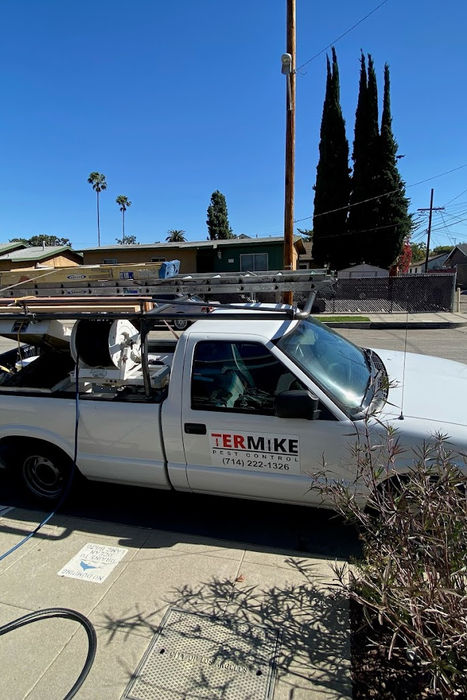 Image of the Termike Pest Control company vehicle, loaded with an array of professional pest control tools and equipment. Visible items include safety gear, specialized chemicals, sprayers, traps, and inspection devices, all neatly arranged and ready for use. The company logo is prominently displayed on the side of the vehicle, showcasing our commitment to comprehensive and professional pest control services.