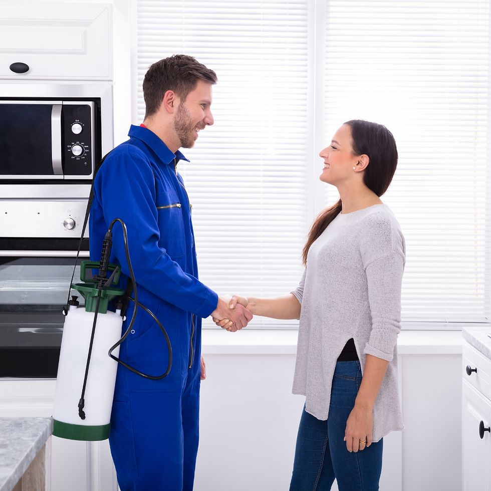 Image of a pest control professional meeting a female client in her kitchen. He holds a clipboard and appears engaged in explaining the process, while she listens attentively. The well-lit, clean kitchen suggests a proactive approach to pest control. This picture emphasizes our commitment to customer interaction and professional service.