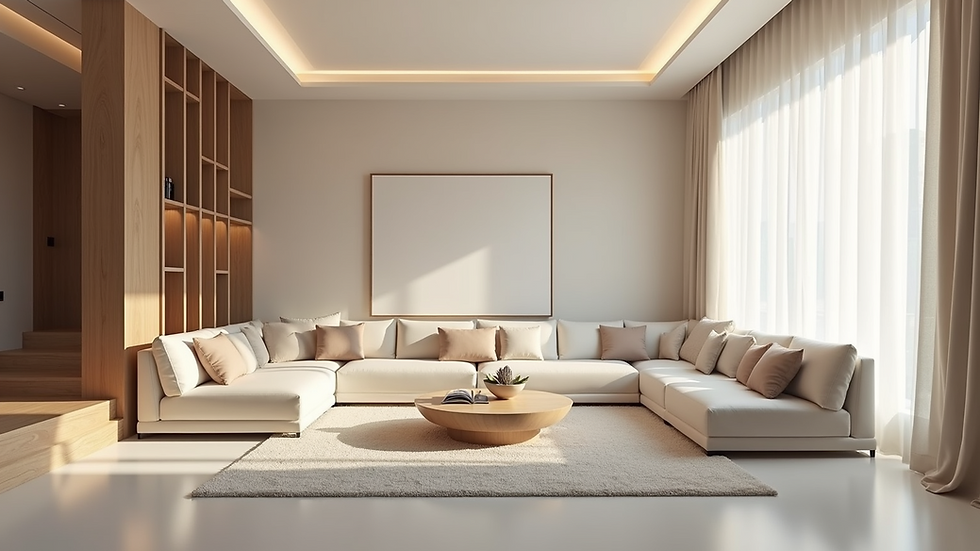 Eye-level view of a 3D model of a contemporary living room