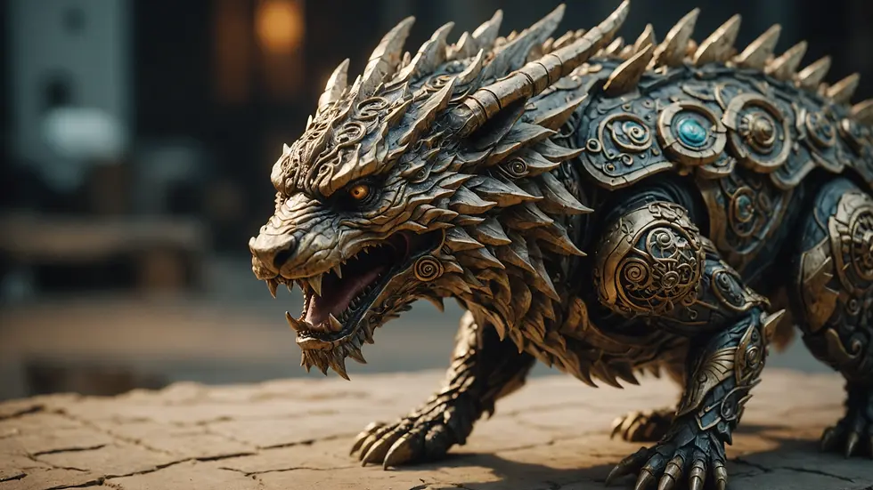 High angle view of a detailed creature sculpture