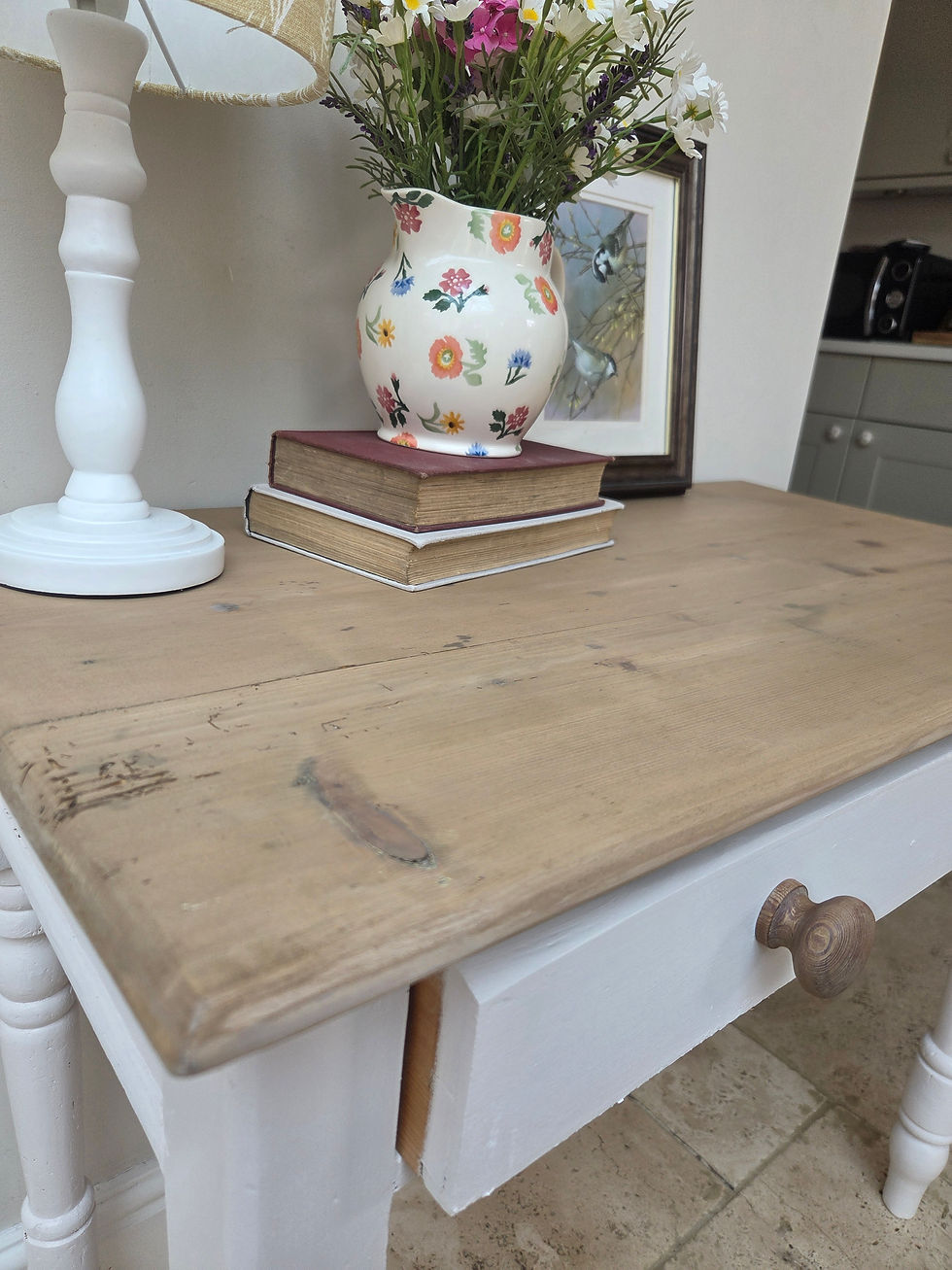 Thumbnail: Rustic Upcycled Pine Console Table – White Linen Farmhouse Hall Table