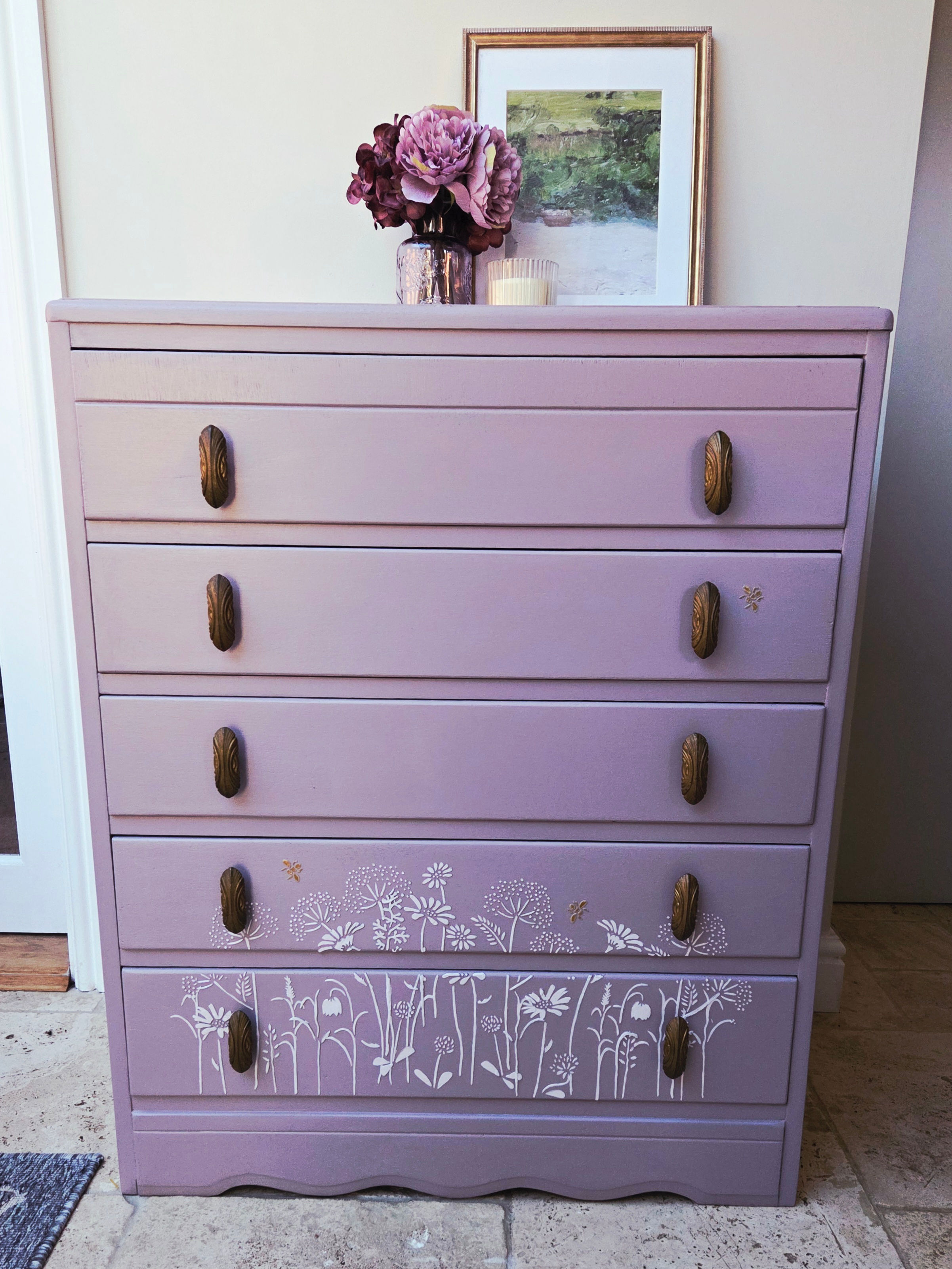 Five Drawer Harris Lebus Vintage Chest of Drawers in Dusted Heather