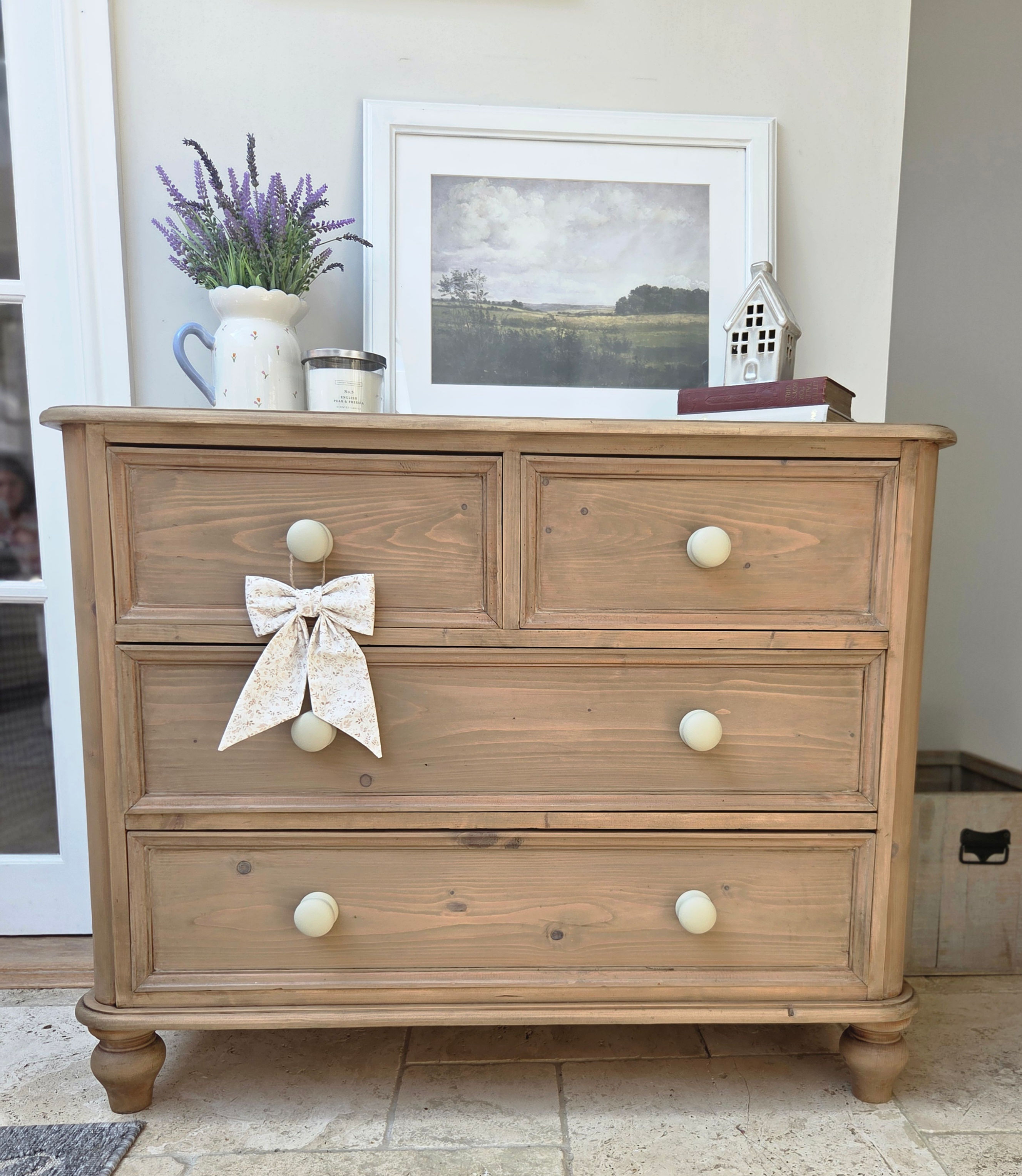 Vintage Pine Farmhouse Chest of Drawers | Waxed Finish with Painted Cream Knobs