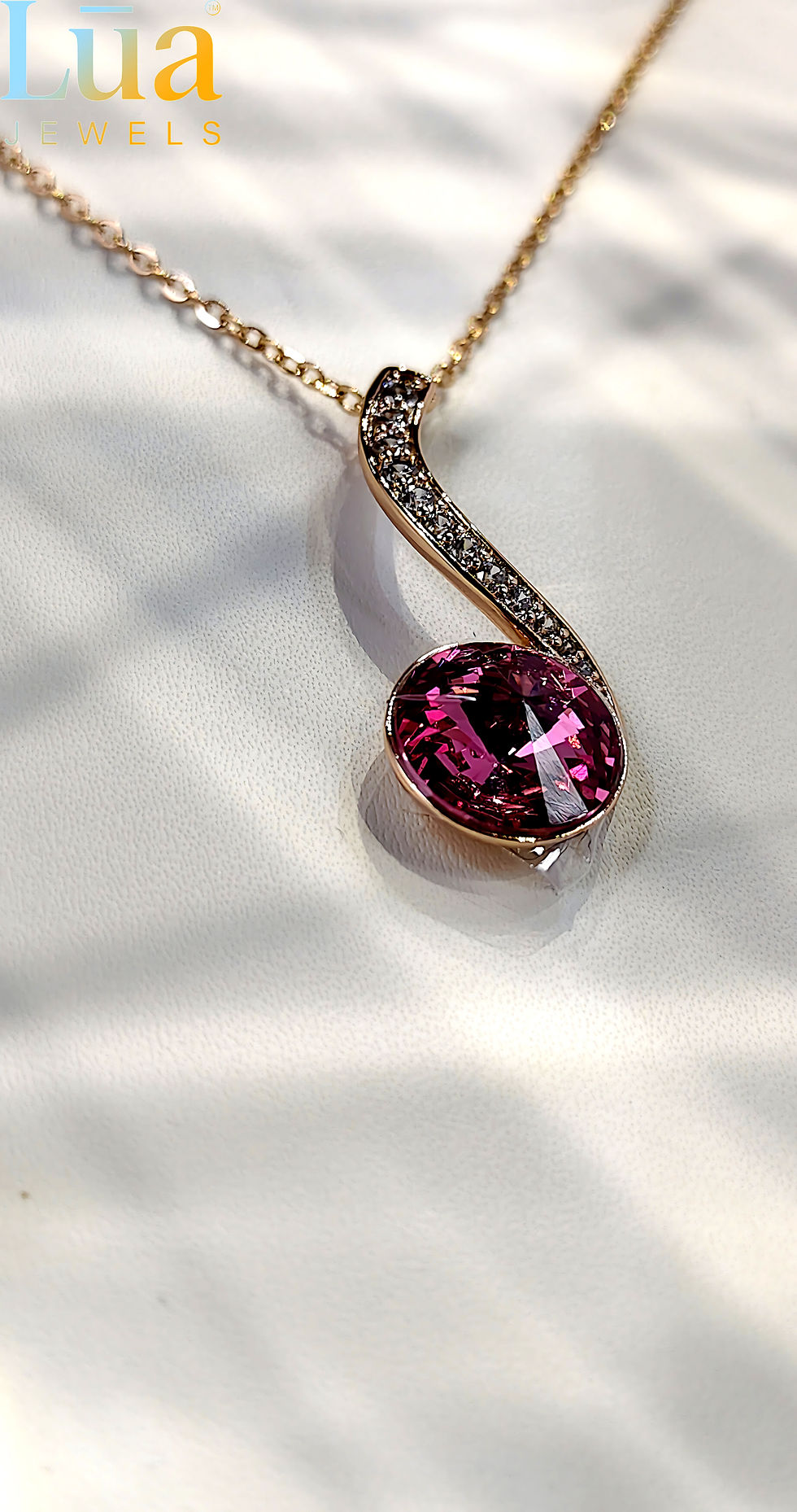 Thumbnail: Rose Gold Pink Crystal Curve Pendant Necklace