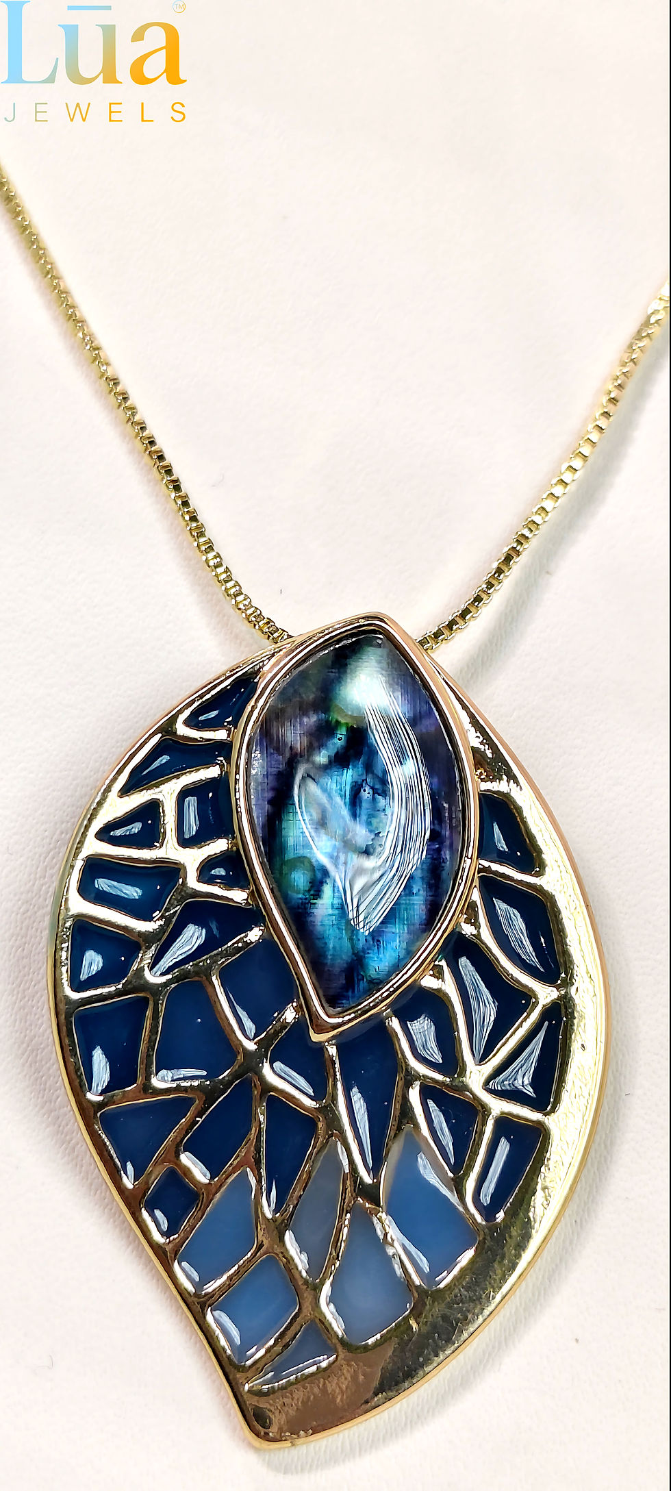 Thumbnail: Blue Mosaic Leaf Pendant Necklace & Earrings Set