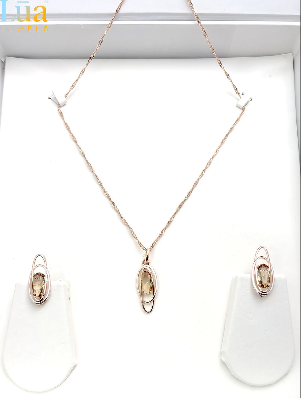 Thumbnail: Gold Oval Champagne Crystal Pendant Necklace with Twisted Chain  LUA Jewels