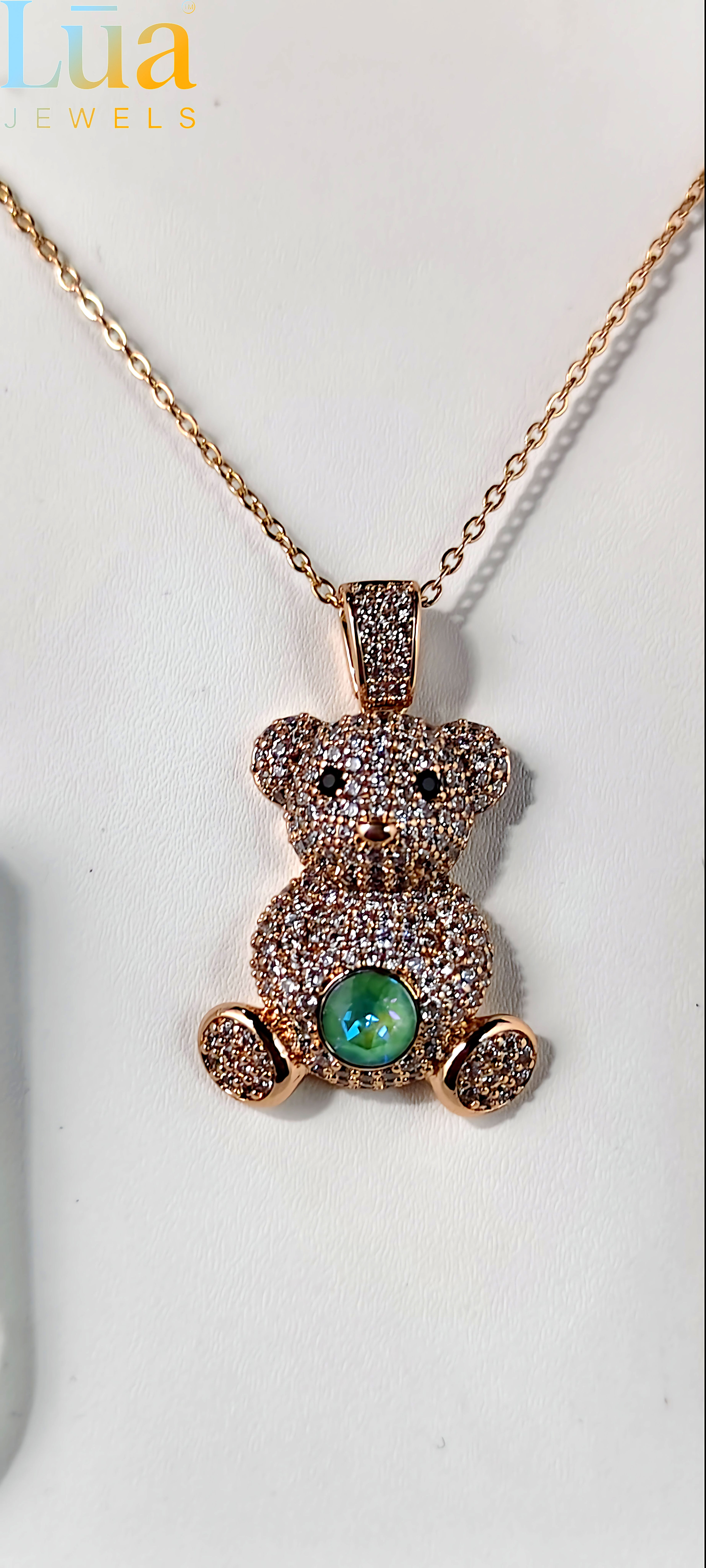 Emerald Glow Teddy Crystal Pendant Necklace