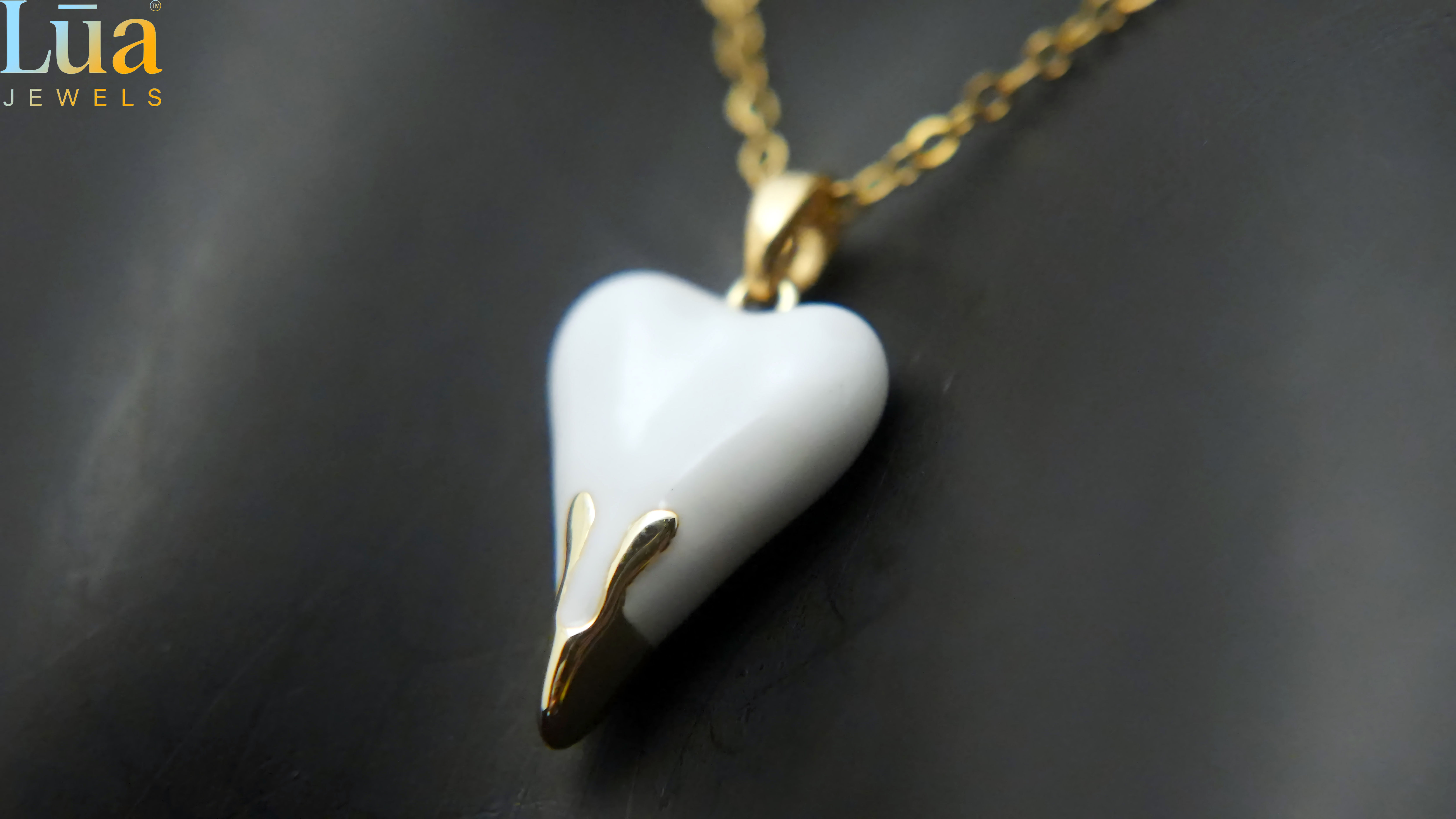 White Heart Drop Pendant Necklace With Gold Tip � Minimal Statement
