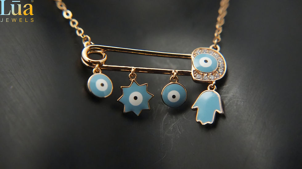 Thumbnail: Evil Eye Pin Charm Necklace With Hamsa & Star Motifs � Protective Statement