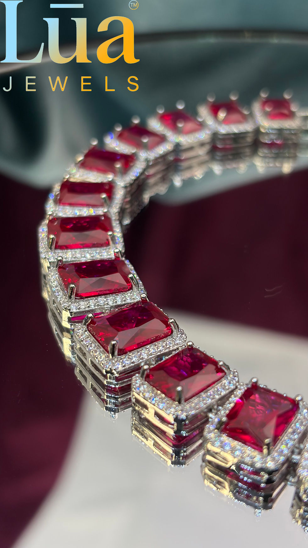 Thumbnail: Emerald-Cut Ruby Red Bracelet � Silver Halo Edition