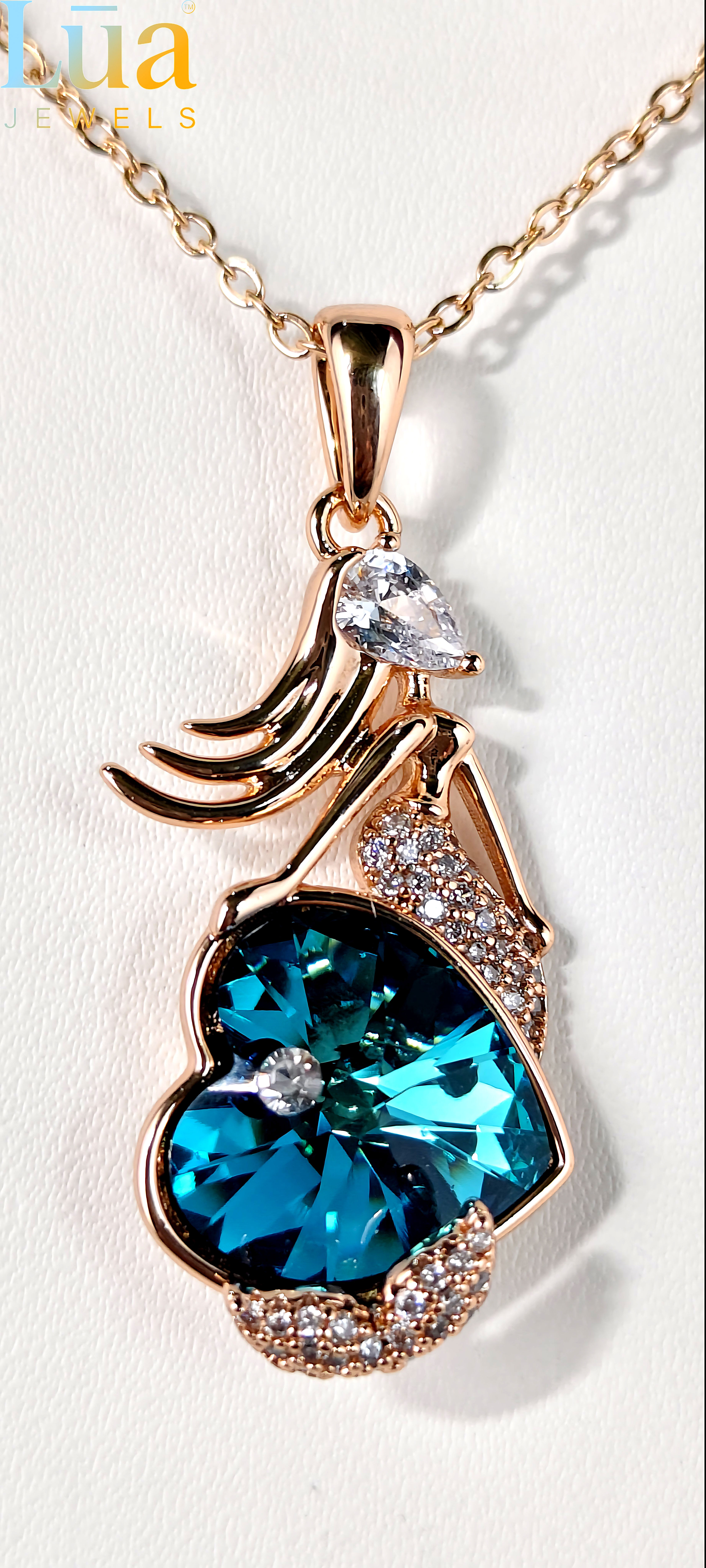 Blue Angel Heart Crystal Pendant Necklace