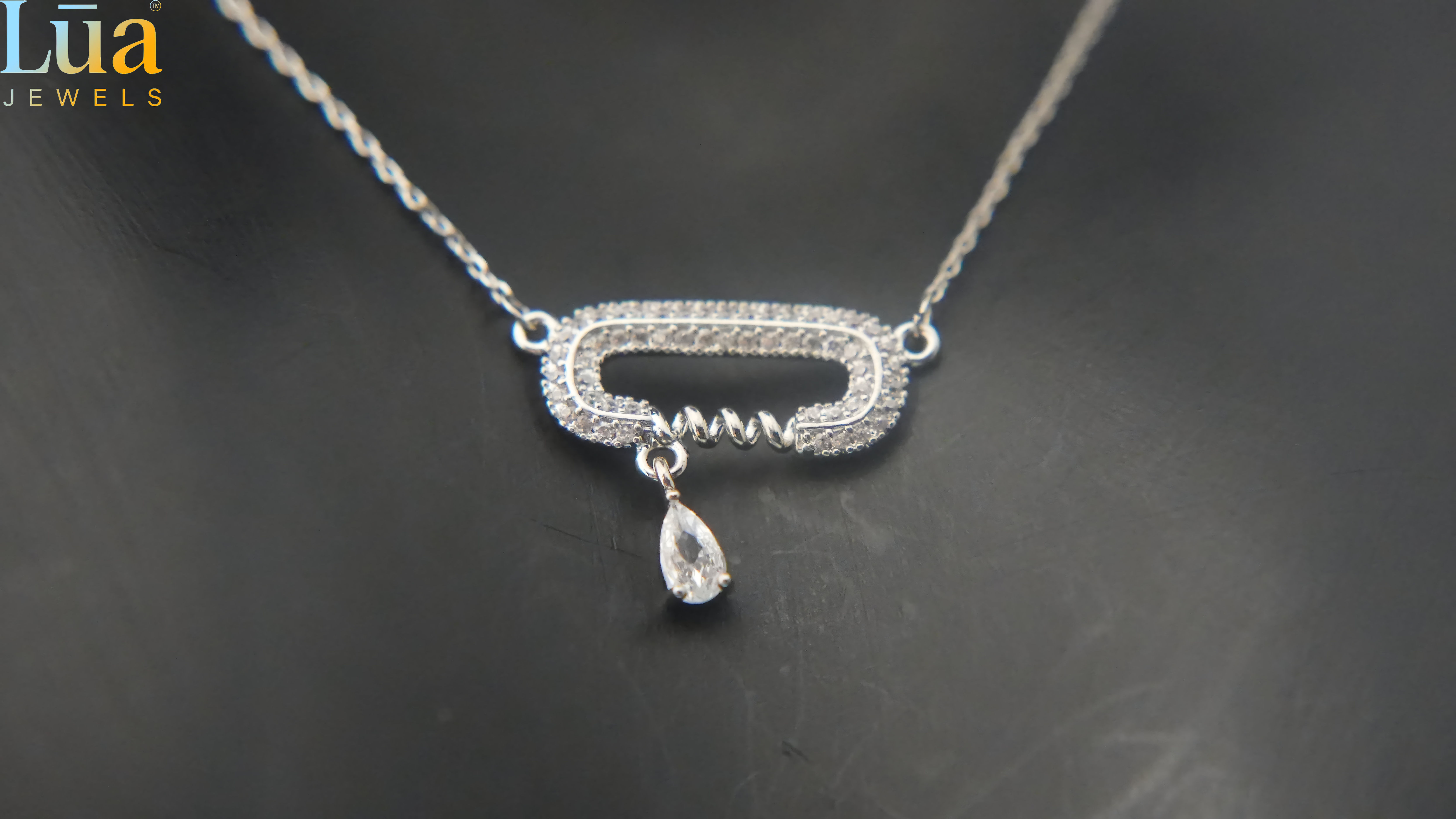 Silver Pave Safety-Pin Drop Necklace With Pear Charm � Elegant Minimal
