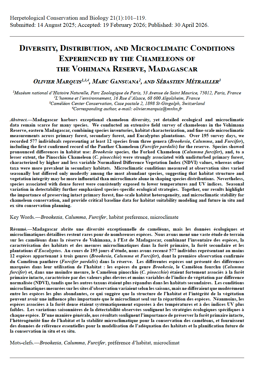 Marquis O., Gansuana M. & Métrailler S. 2026. Chameleons diversity and ecology in Vohimana Reserve, Madagascar. Herpetological Conservation and Biology 21(1): 101–119.