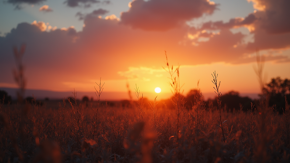 Wide angle view of a serene landscape with a sunset