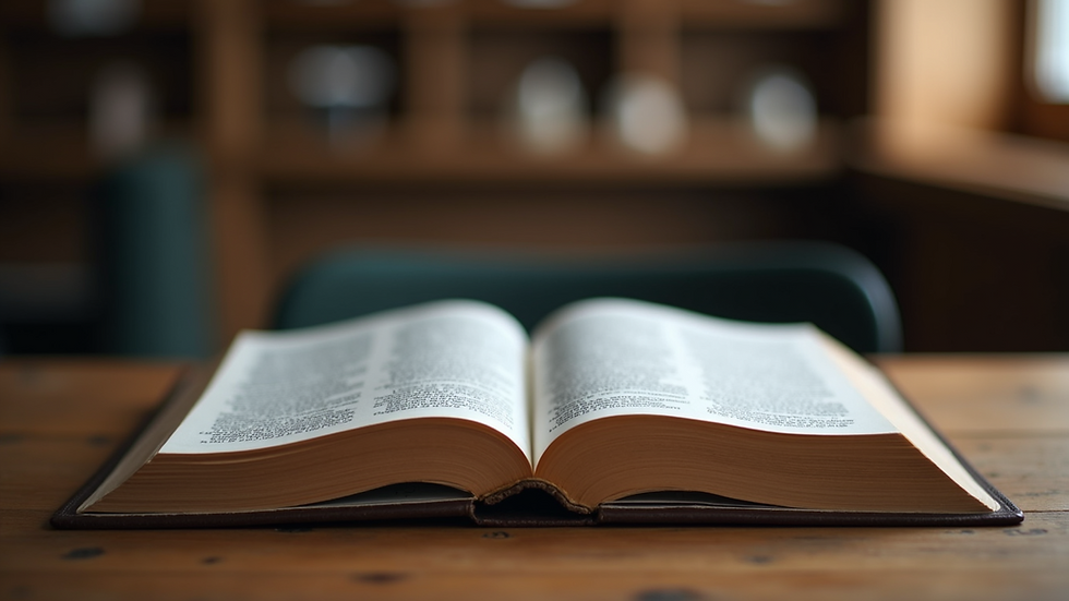 Eye-level view of an open Bible on a wooden table