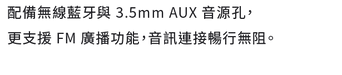 配備無線藍芽與 3.5mm AUX 音源孔,更支援 FM 廣播功能,音訊連接暢行無阻。