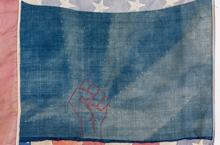 Detail © Janie Cohen, We Hold These Truths, 2018, Cloth-thread, ink, majorettes baton