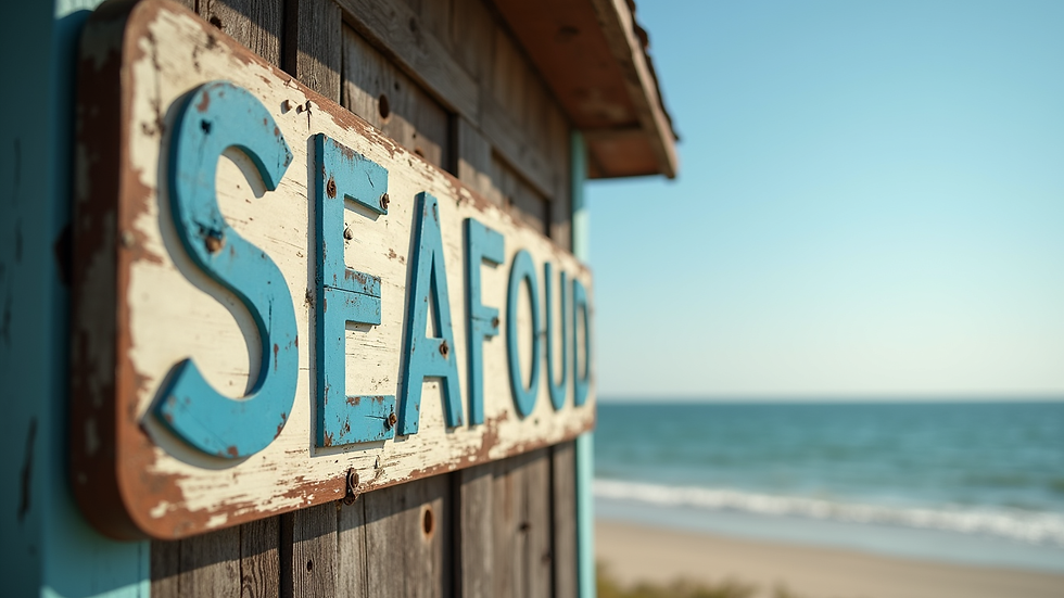 Close-up view of a rustic seafood shack sign on the Gulf Coast