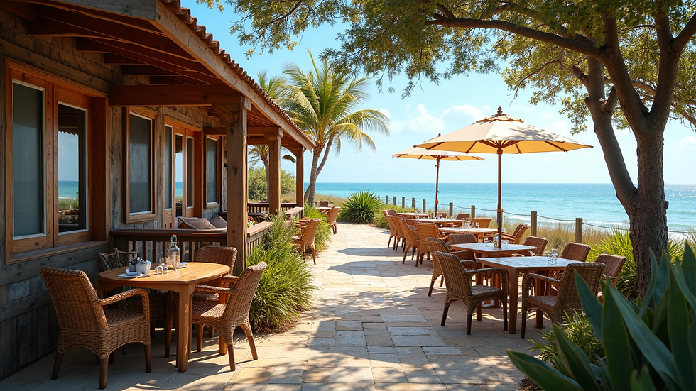 Eye-level view of a rustic seafood restaurant with outdoor seating overlooking the Gulf