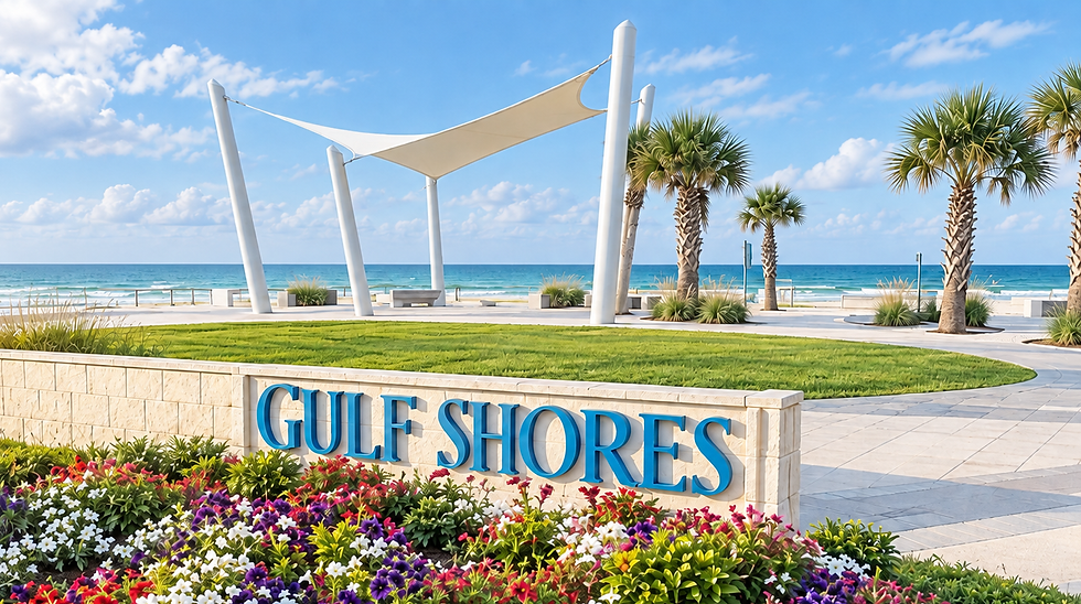 Gulf Shores sign by the coastal current and beach pavilion