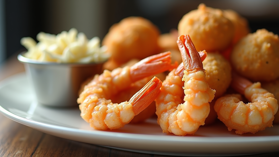 Close-up view of a plate with fried shrimp, hush puppies, and coleslaw